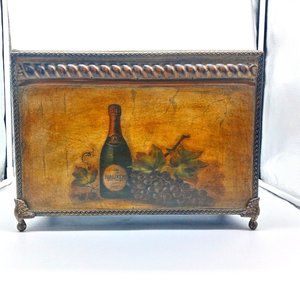 Antiqued Italian Wood Wine Case Carryall Box Berlucchi Grapes Brown Amber Metal